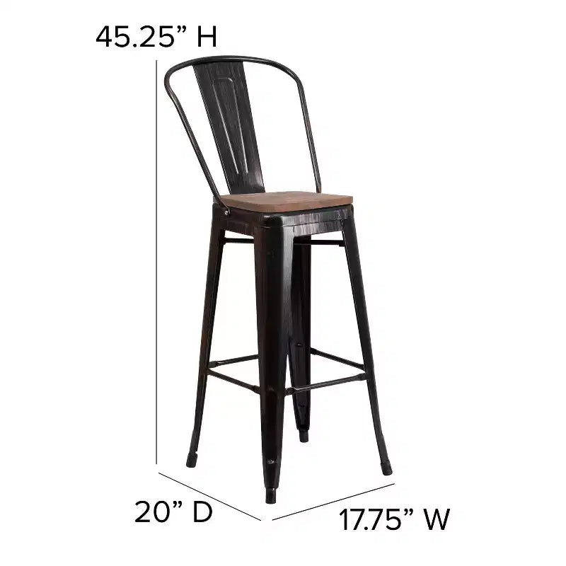 Sgabello da bar in metallo da 30" con schienale e seduta quadrata in legno, sgabello da cucina altezza bar