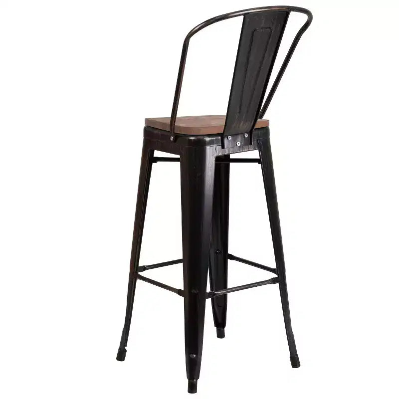 Sgabello da bar in metallo da 30" con schienale e seduta quadrata in legno, sgabello da cucina altezza bar