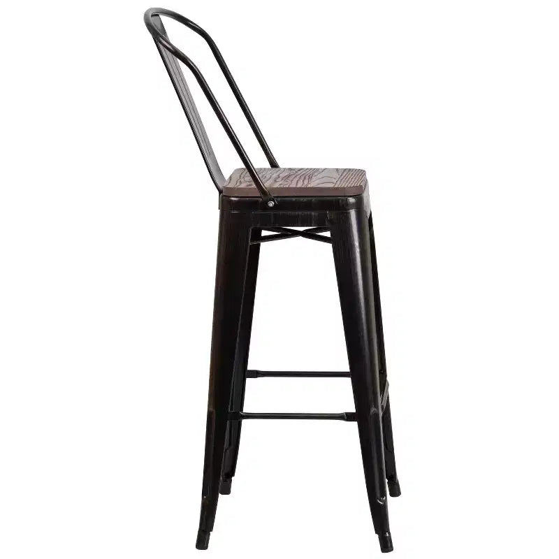 Sgabello da bar in metallo da 30" con schienale e seduta quadrata in legno, sgabello da cucina altezza bar