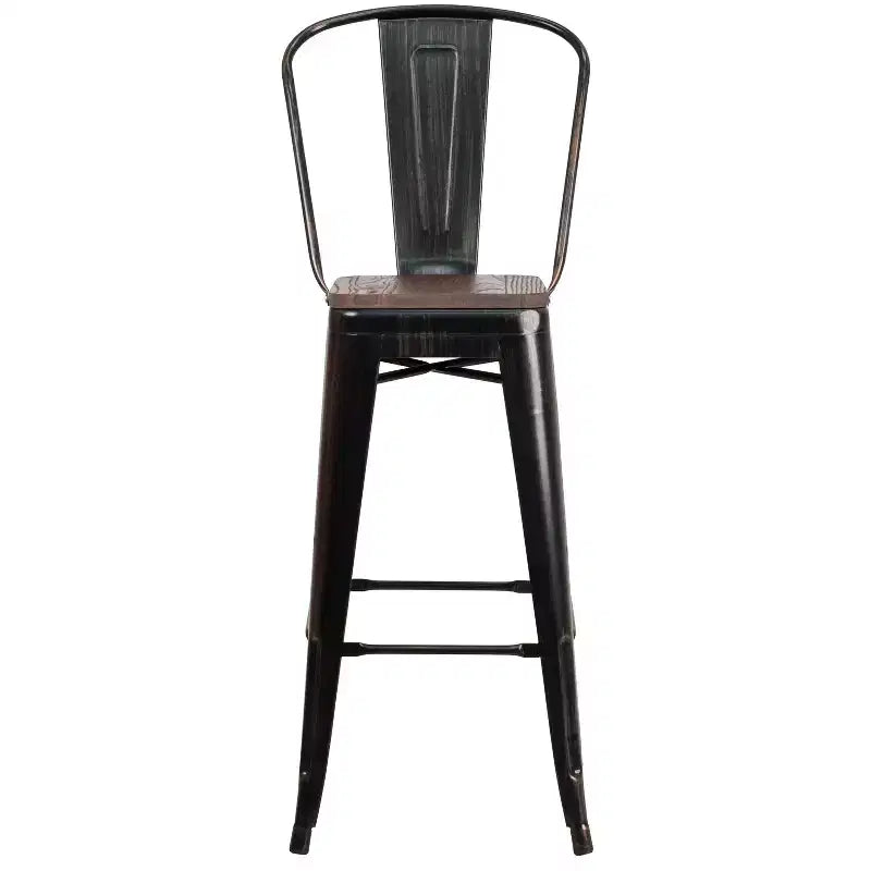 Sgabello da bar in metallo da 30" con schienale e seduta quadrata in legno, sgabello da cucina altezza bar