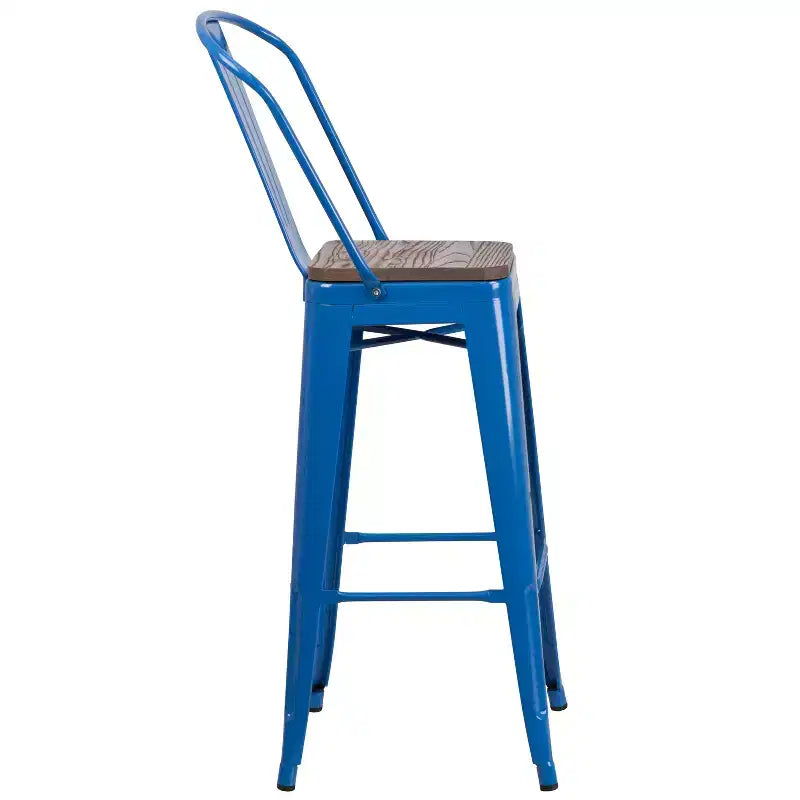 Sgabello da bar in metallo da 30" con schienale e seduta quadrata in legno, sgabello da cucina altezza bar