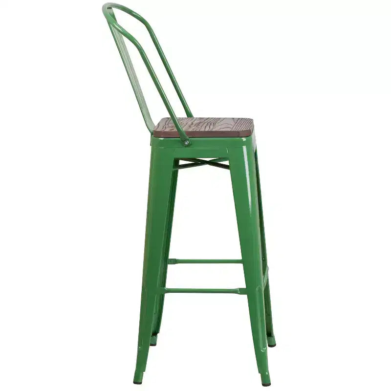 Sgabello da bar in metallo da 30" con schienale e seduta quadrata in legno, sgabello da cucina altezza bar
