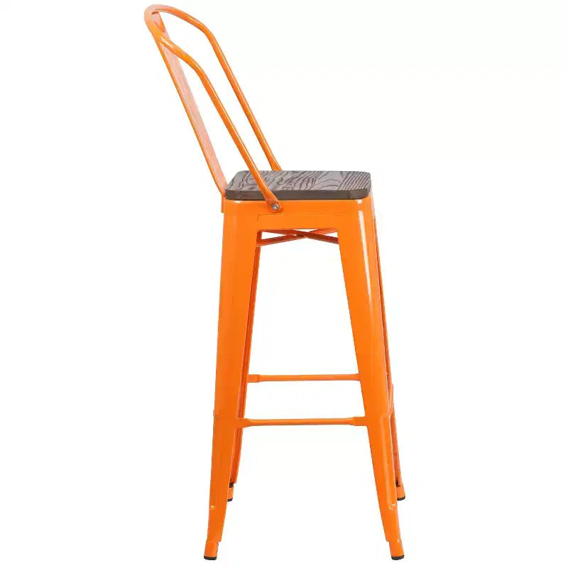 Sgabello da bar in metallo da 30" con schienale e seduta quadrata in legno, sgabello da cucina altezza bar