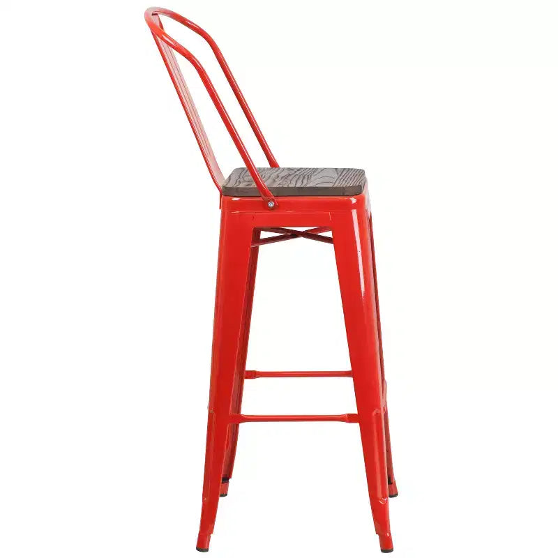 Sgabello da bar in metallo da 30" con schienale e seduta quadrata in legno, sgabello da cucina altezza bar