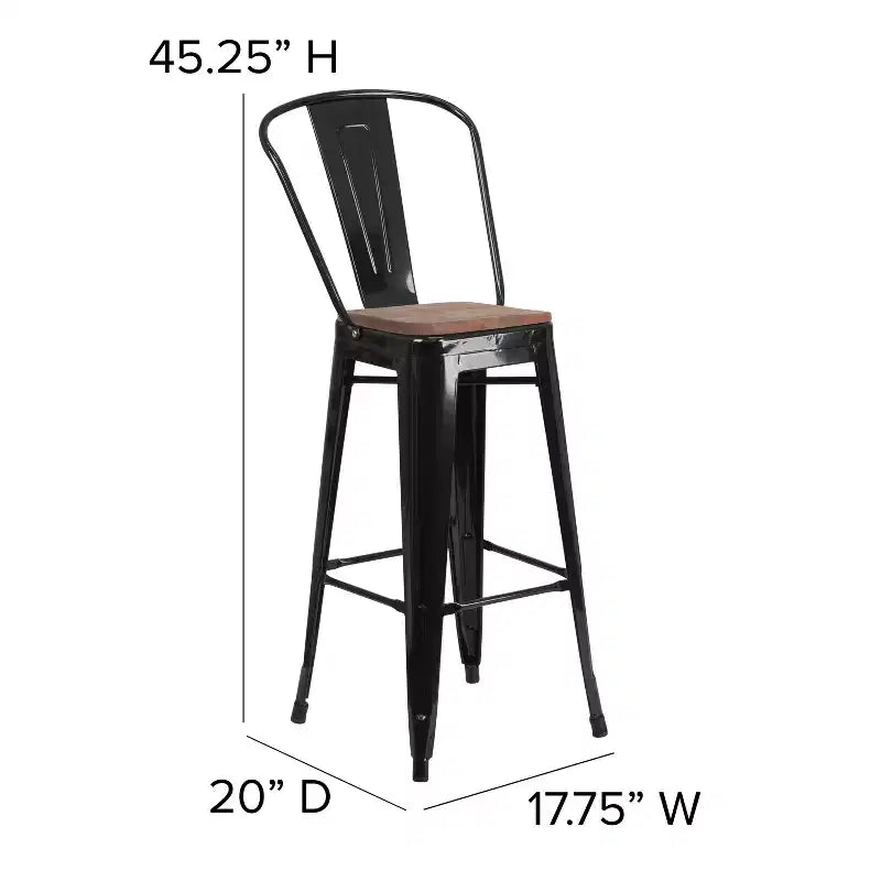 Sgabello da bar in metallo da 30" con schienale e seduta quadrata in legno, sgabello da cucina altezza bar