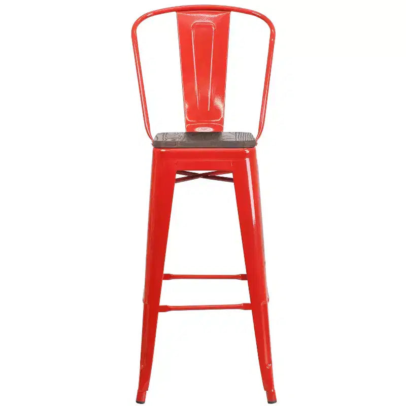 Sgabello da bar in metallo da 30" con schienale e seduta quadrata in legno, sgabello da cucina altezza bar