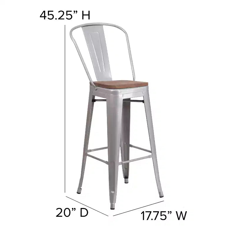Sgabello da bar in metallo da 30" con schienale e seduta quadrata in legno, sgabello da cucina altezza bar