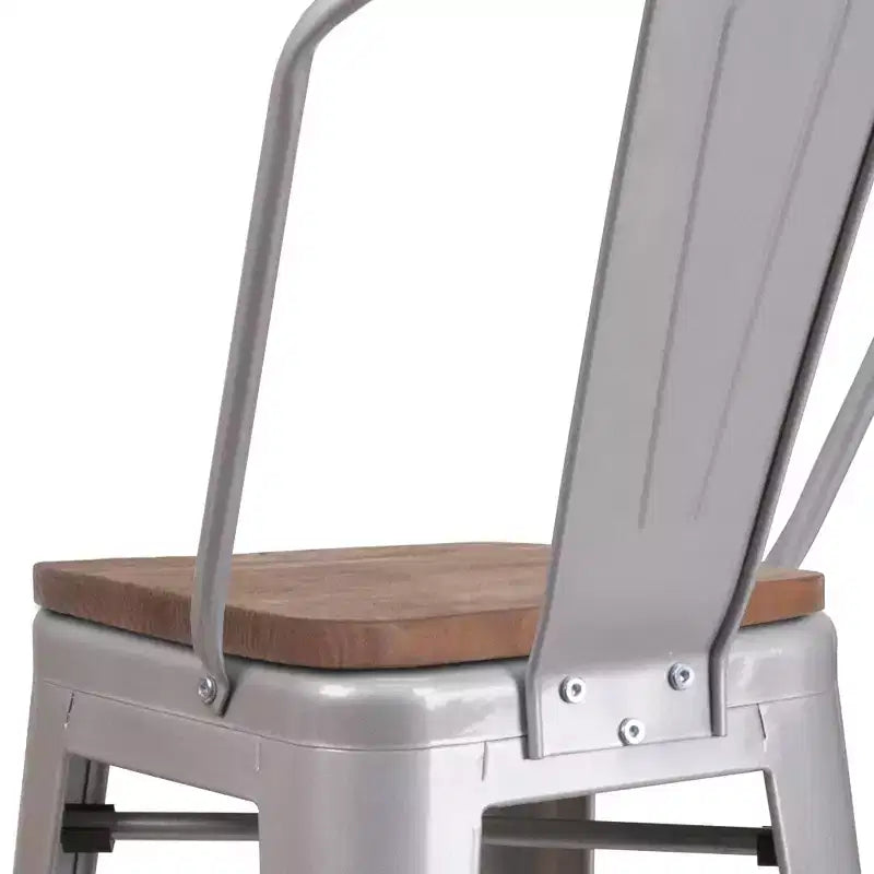 Sgabello da bar in metallo da 30" con schienale e seduta quadrata in legno, sgabello da cucina altezza bar