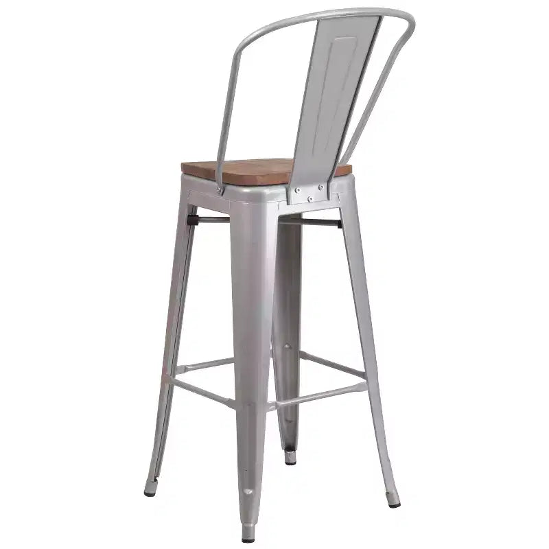 Sgabello da bar in metallo da 30" con schienale e seduta quadrata in legno, sgabello da cucina altezza bar