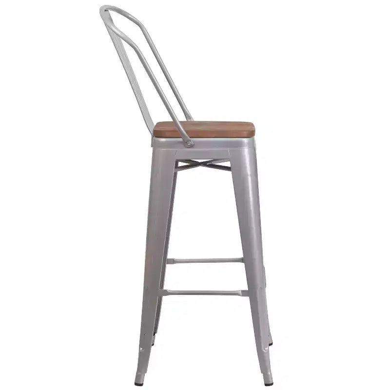 Sgabello da bar in metallo da 30" con schienale e seduta quadrata in legno, sgabello da cucina altezza bar