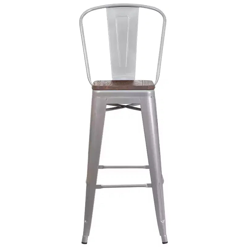 Sgabello da bar in metallo da 30" con schienale e seduta quadrata in legno, sgabello da cucina altezza bar