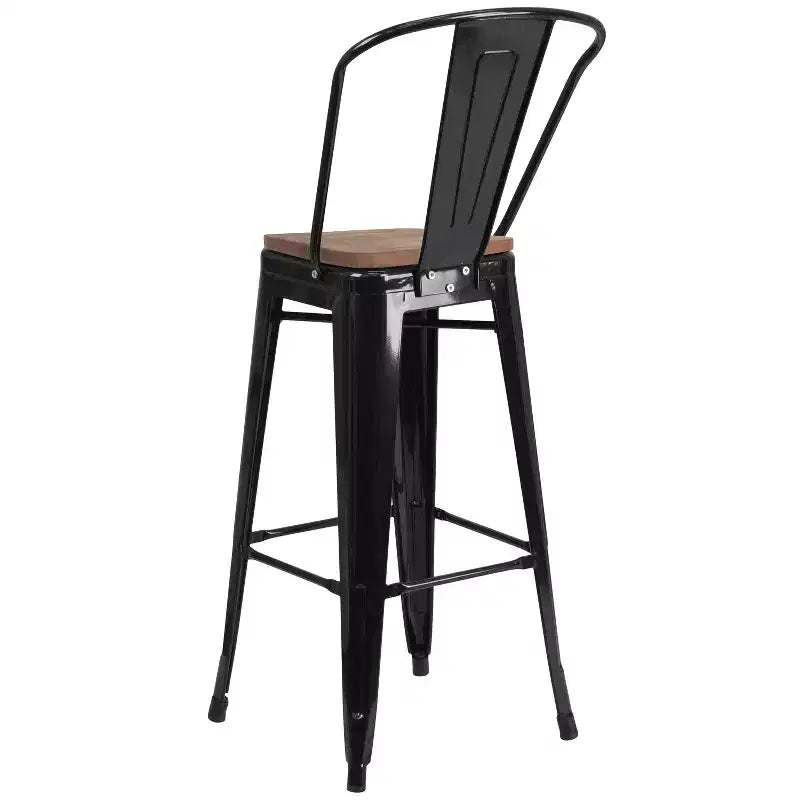 Sgabello da bar in metallo da 30" con schienale e seduta quadrata in legno, sgabello da cucina altezza bar