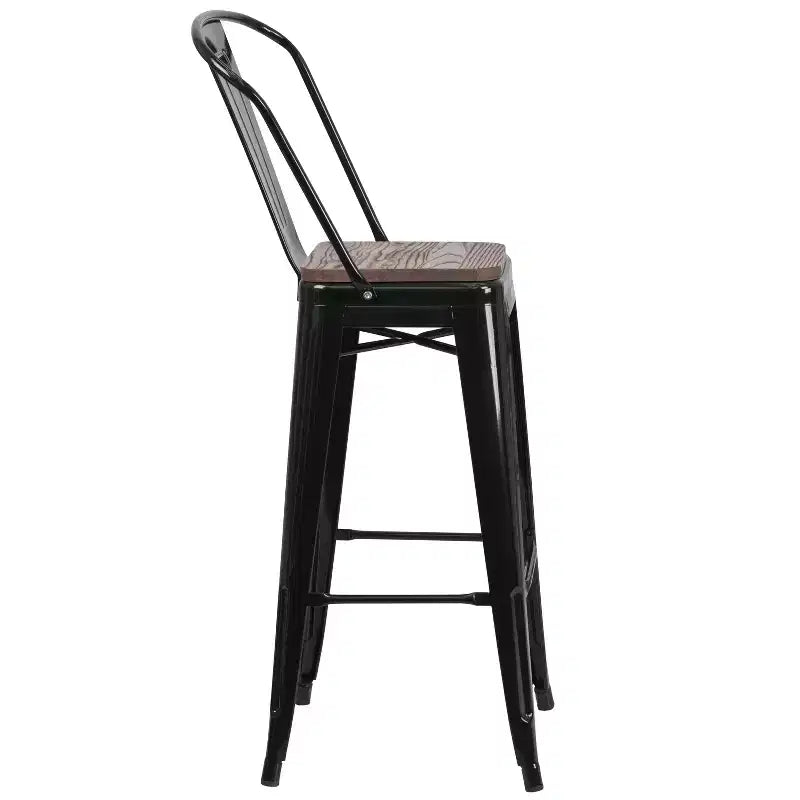 Sgabello da bar in metallo da 30" con schienale e seduta quadrata in legno, sgabello da cucina altezza bar