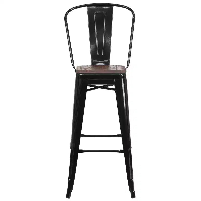Sgabello da bar in metallo da 30" con schienale e seduta quadrata in legno, sgabello da cucina altezza bar