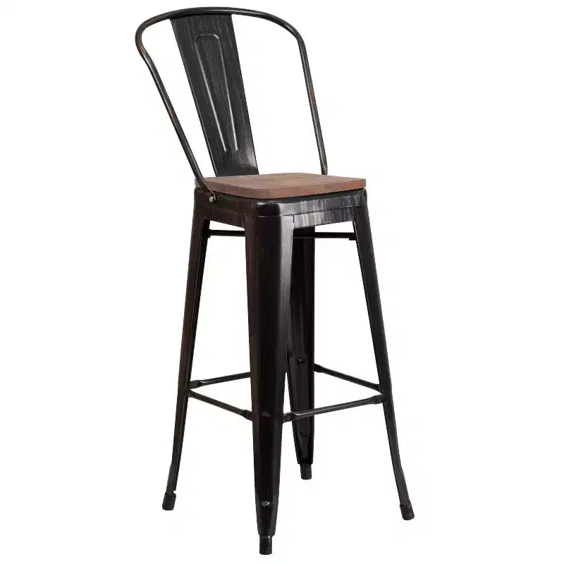 Sgabello da bar in metallo da 30" con schienale e seduta quadrata in legno, sgabello da cucina altezza bar