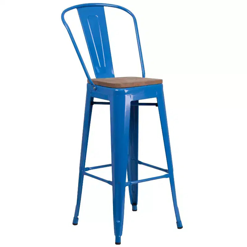 Sgabello da bar in metallo da 30" con schienale e seduta quadrata in legno, sgabello da cucina altezza bar