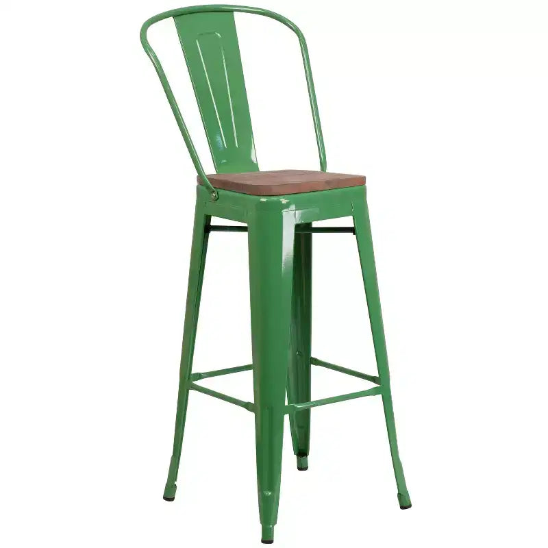 Sgabello da bar in metallo da 30" con schienale e seduta quadrata in legno, sgabello da cucina altezza bar