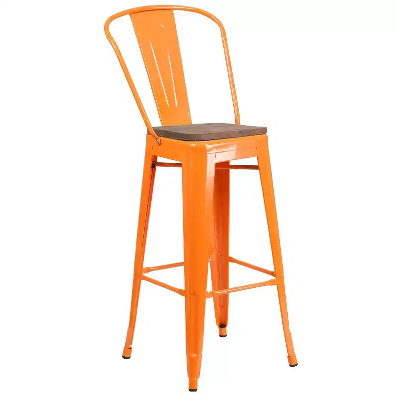 Sgabello da bar in metallo da 30" con schienale e seduta quadrata in legno, sgabello da cucina altezza bar