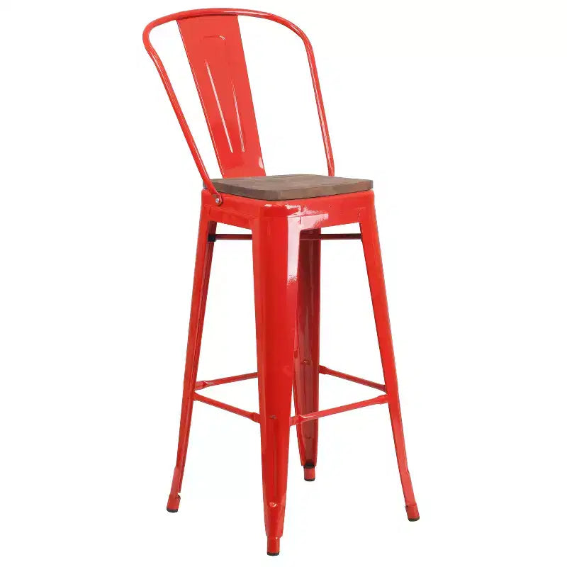Sgabello da bar in metallo da 30" con schienale e seduta quadrata in legno, sgabello da cucina altezza bar
