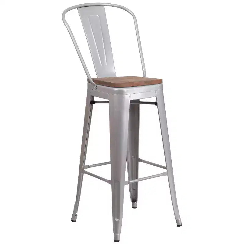 Sgabello da bar in metallo da 30" con schienale e seduta quadrata in legno, sgabello da cucina altezza bar