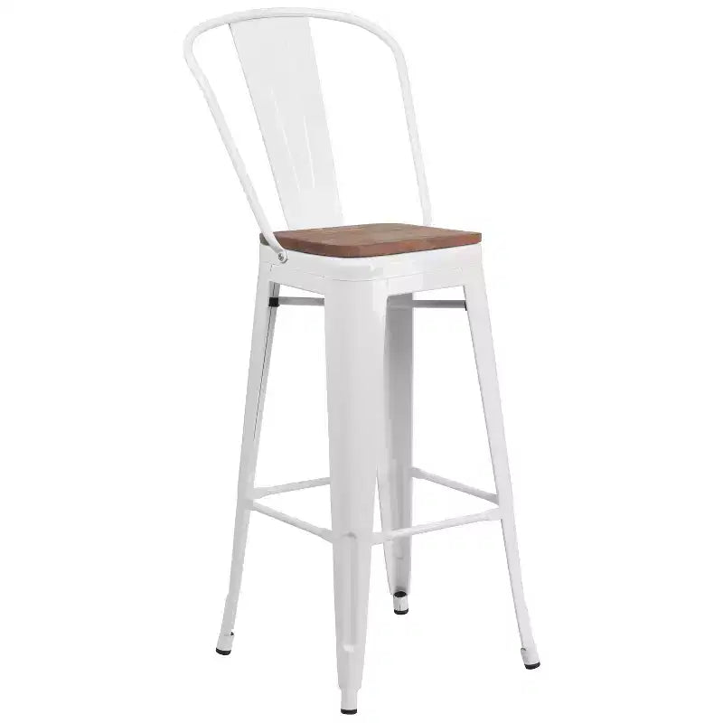 Sgabello da bar in metallo da 30" con schienale e seduta quadrata in legno, sgabello da cucina altezza bar