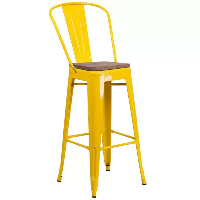 Sgabello da bar in metallo da 30" con schienale e seduta quadrata in legno, sgabello da cucina altezza bar