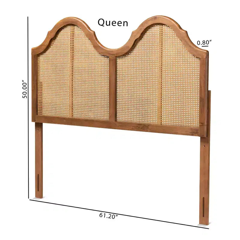 Testiera ad arco vintage in legno e rattan sintetico, finitura noce, accento per camera da letto