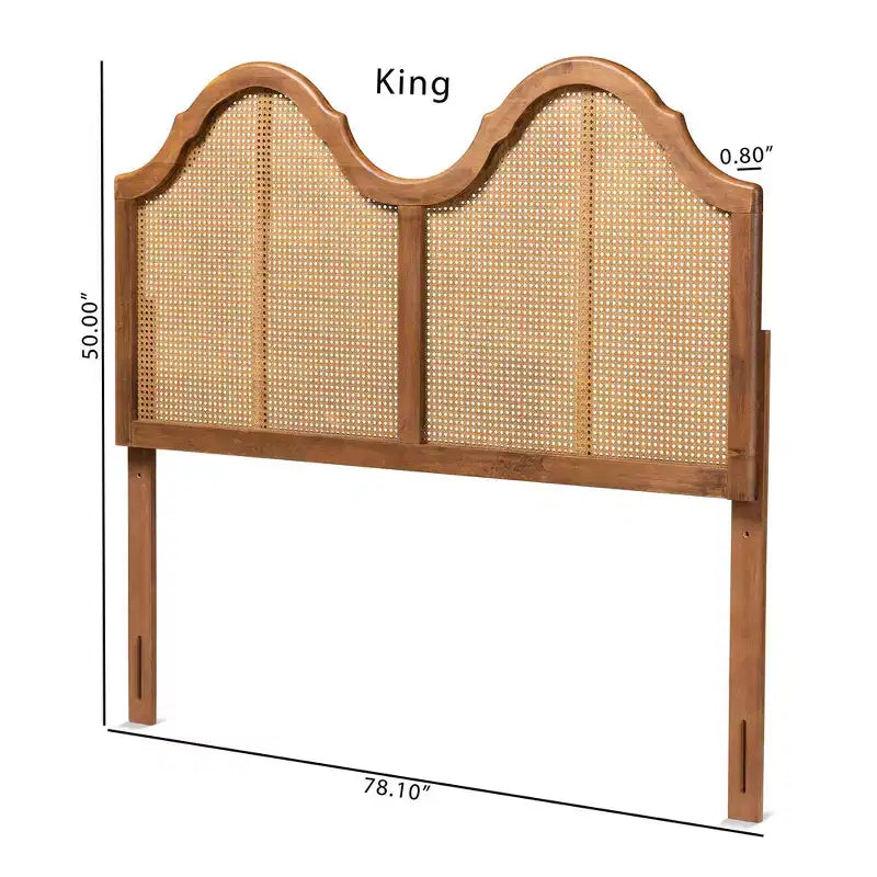 Testiera ad arco vintage in legno e rattan sintetico, finitura noce, accento per camera da letto