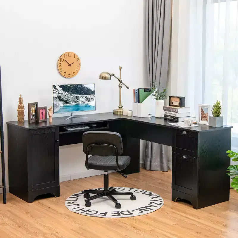 Scrivania angolare a L per computer, postazione di lavoro e studio con cassetti, nero/marrone