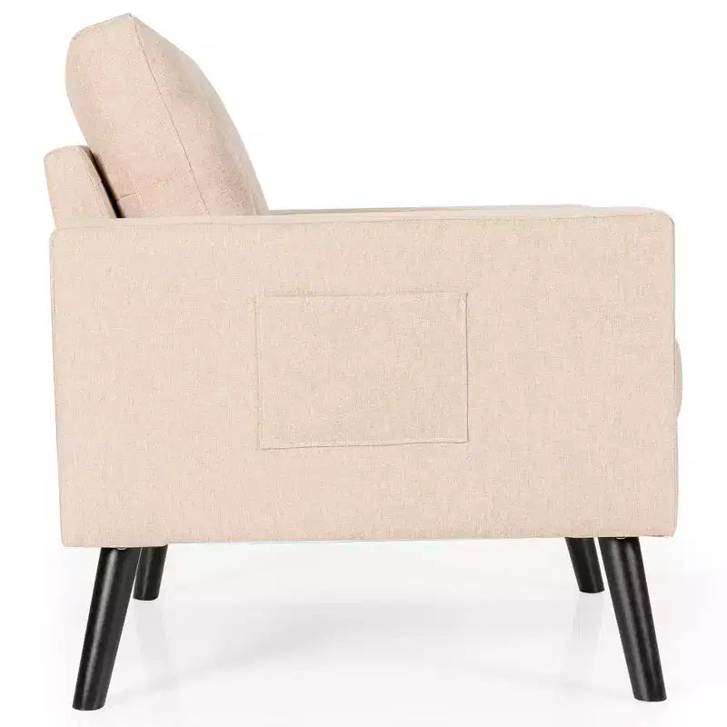 Poltrona moderna in tessuto trapuntato con gambe in legno di caucciù, poltrona singola, blu/beige/grigio