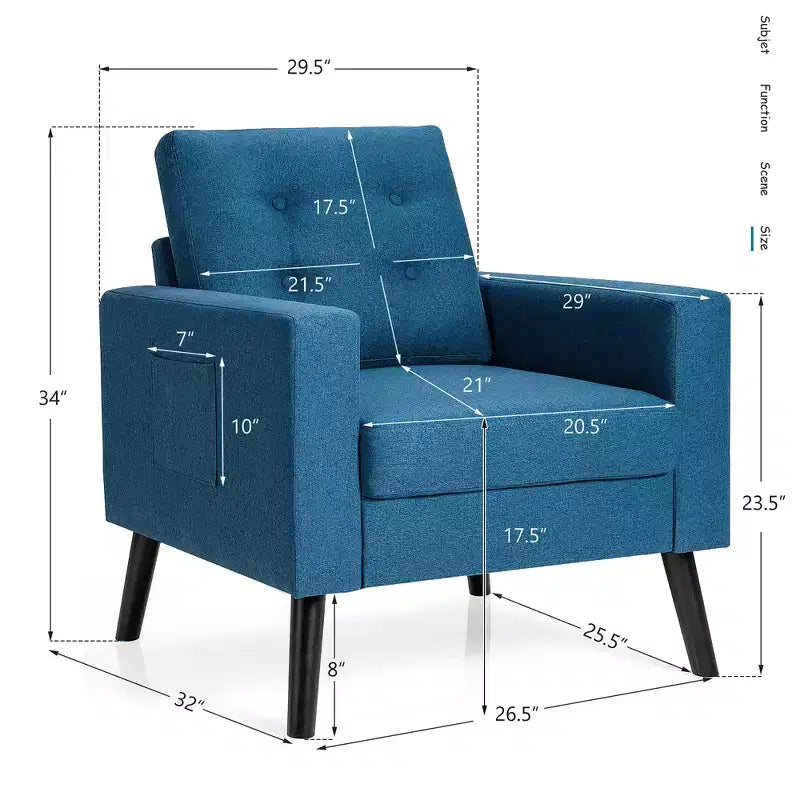 Poltrona moderna in tessuto trapuntato con gambe in legno di caucciù, poltrona singola, blu/beige/grigio