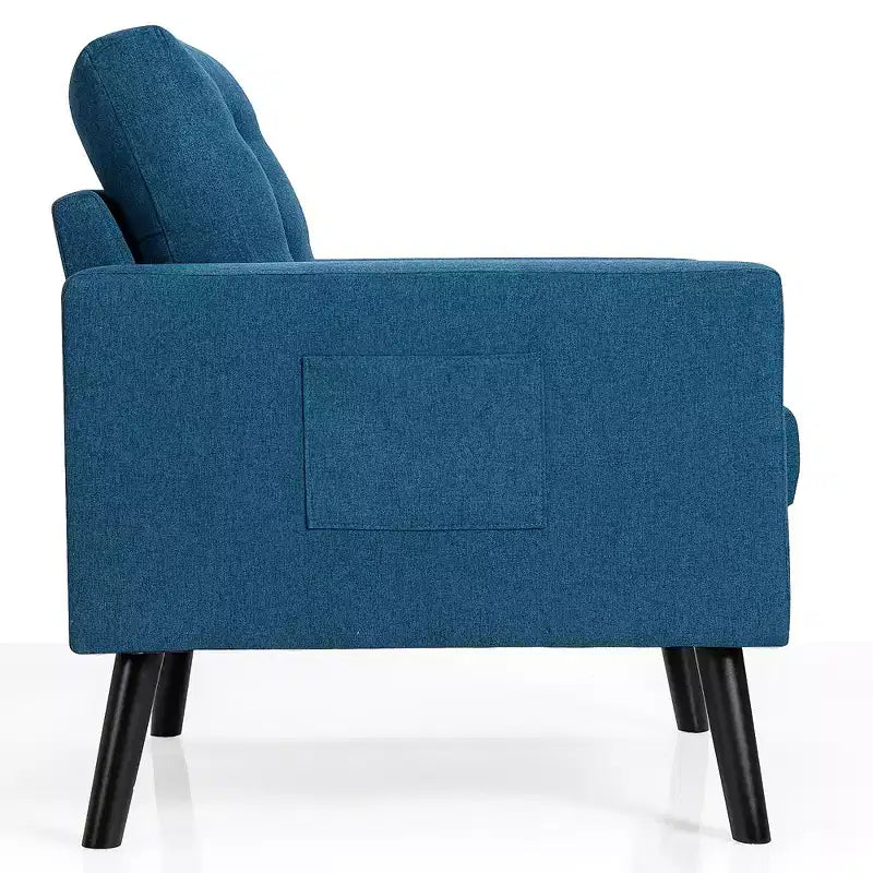 Poltrona moderna in tessuto trapuntato con gambe in legno di caucciù, poltrona singola, blu/beige/grigio