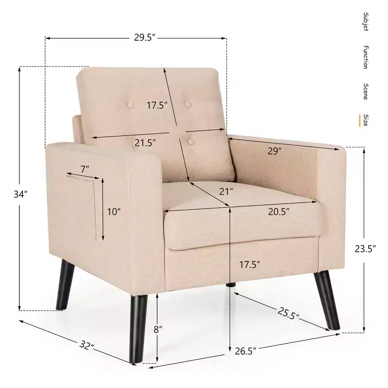 Poltrona moderna in tessuto trapuntato con gambe in legno di caucciù, poltrona singola, blu/beige/grigio