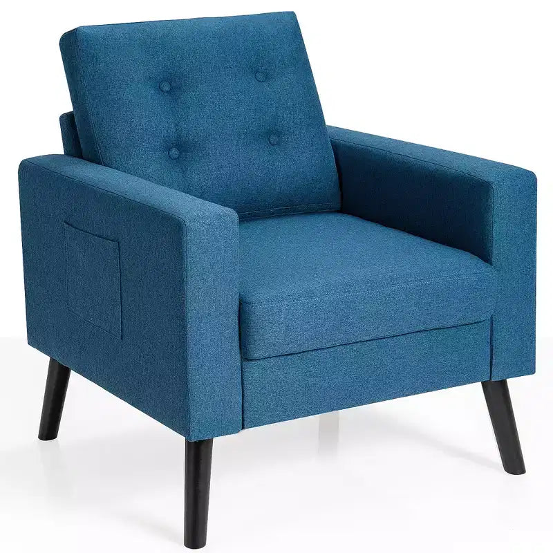 Poltrona moderna in tessuto trapuntato con gambe in legno di caucciù, poltrona singola, blu/beige/grigio