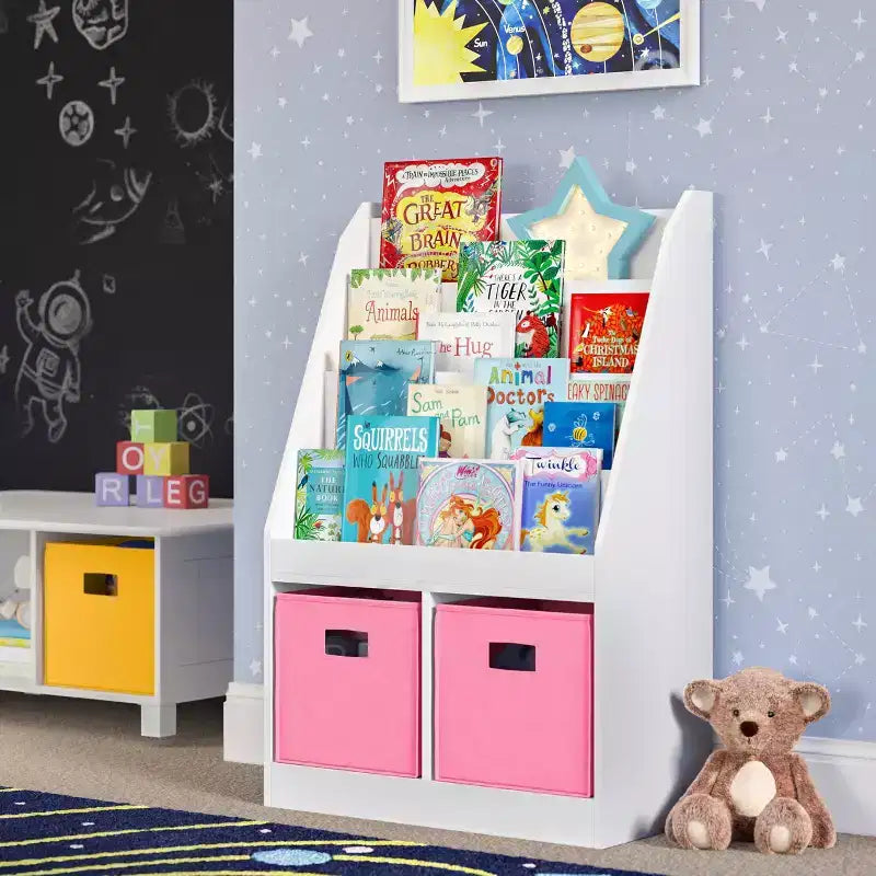 Libreria per Bambini e Organizer per Giocattoli con 4 Ripiani per Libri, 2 Scomparti e 2 Contenitori in Tessuto, Bianco