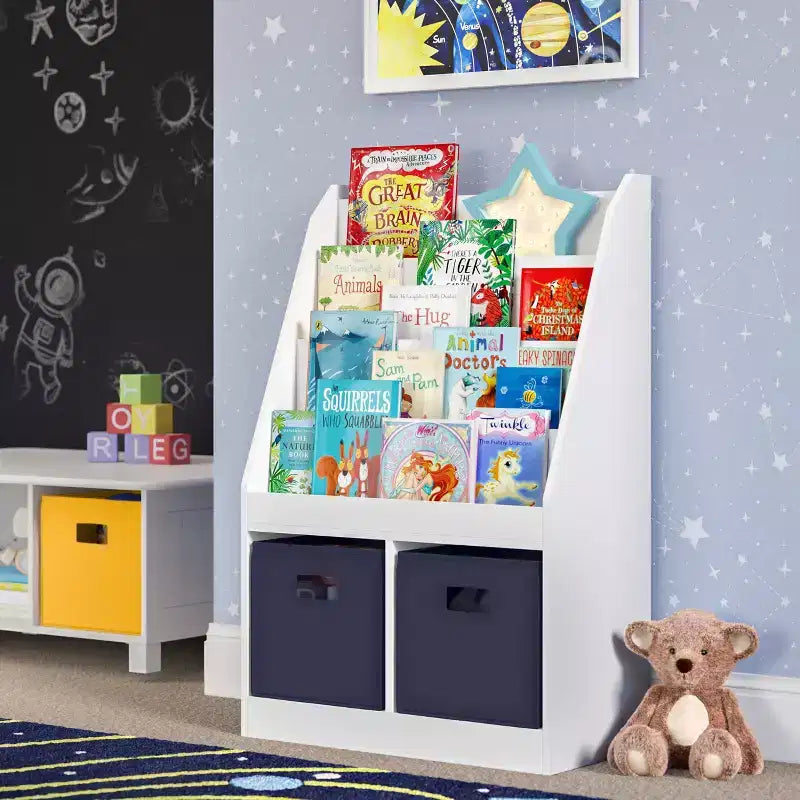Libreria per Bambini e Organizer per Giocattoli con 4 Ripiani per Libri, 2 Scomparti e 2 Contenitori in Tessuto, Bianco