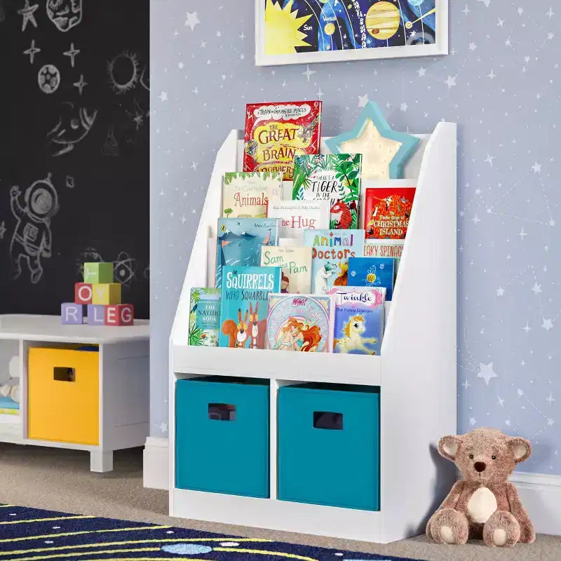 Libreria per Bambini e Organizer per Giocattoli con 4 Ripiani per Libri, 2 Scomparti e 2 Contenitori in Tessuto, Bianco