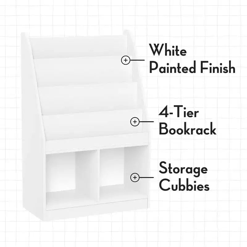 Libreria per Bambini e Organizer per Giocattoli con 4 Ripiani per Libri, 2 Scomparti e 2 Contenitori in Tessuto, Bianco
