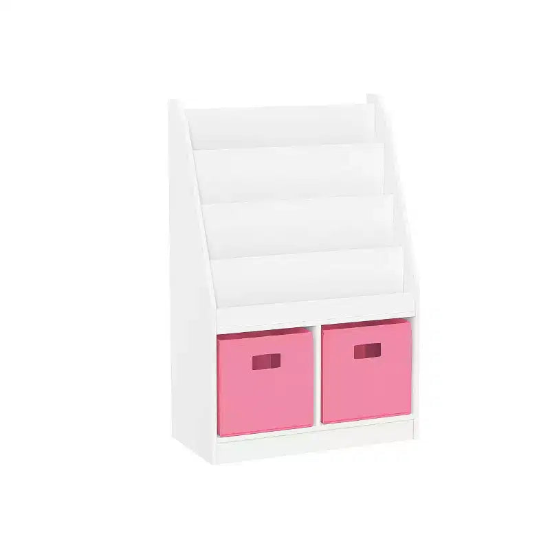 Libreria per Bambini e Organizer per Giocattoli con 4 Ripiani per Libri, 2 Scomparti e 2 Contenitori in Tessuto, Bianco