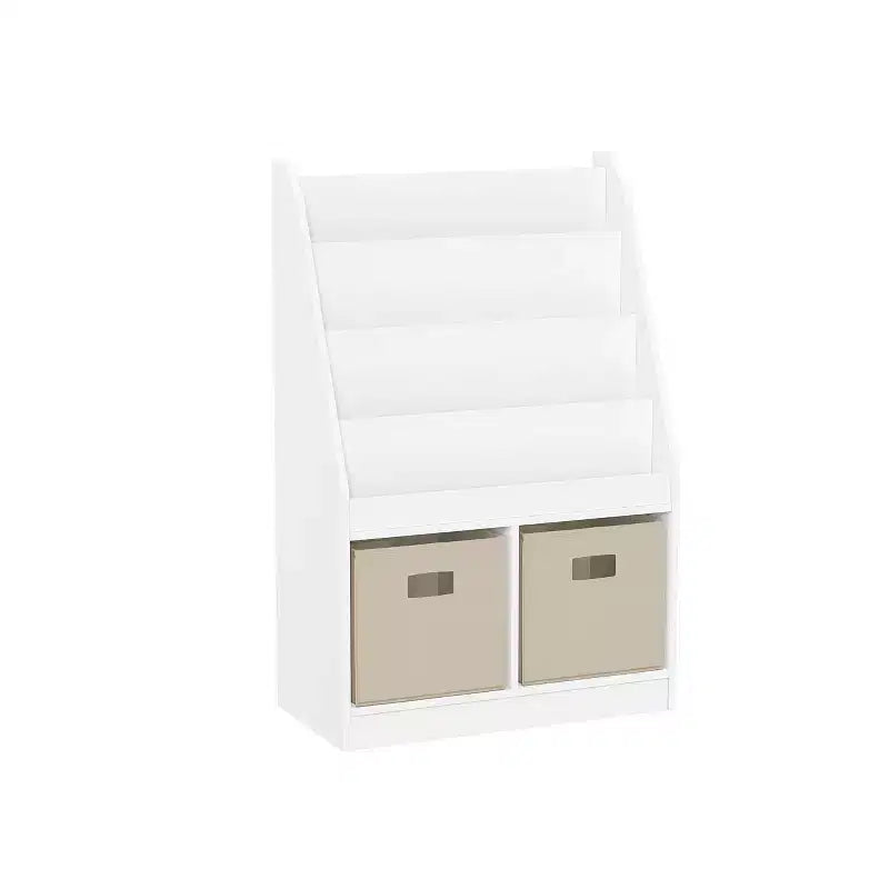 Libreria per Bambini e Organizer per Giocattoli con 4 Ripiani per Libri, 2 Scomparti e 2 Contenitori in Tessuto, Bianco