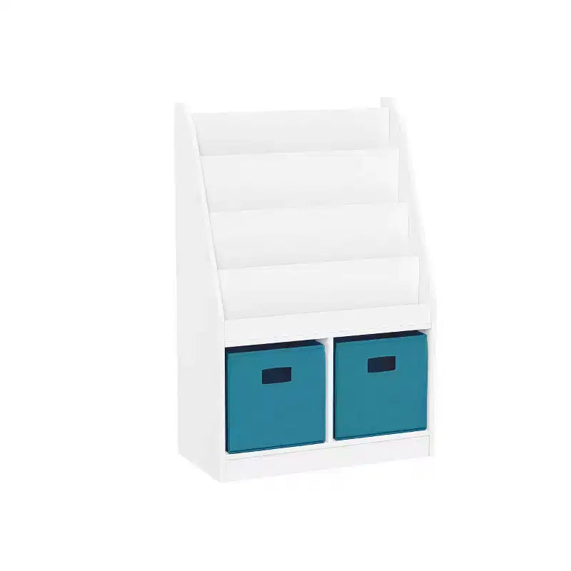 Libreria per Bambini e Organizer per Giocattoli con 4 Ripiani per Libri, 2 Scomparti e 2 Contenitori in Tessuto, Bianco