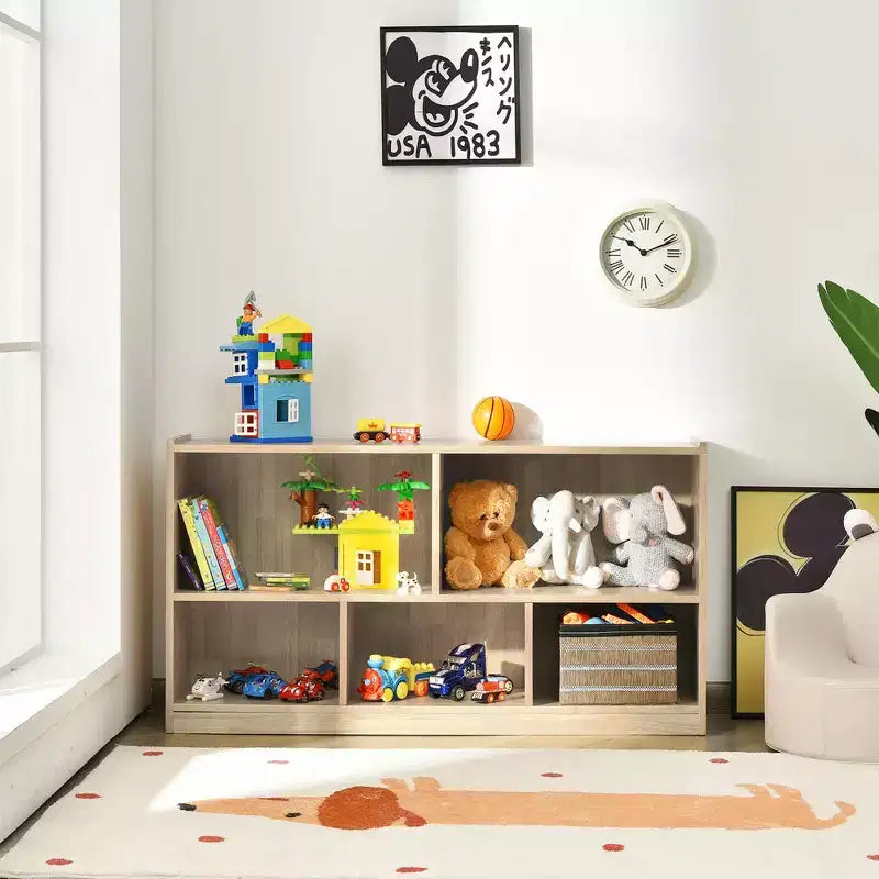 Armadio portaoggetti a 5 cubi per bambini con libreria in legno a 2 ripiani, naturale, organizer per sala giochi