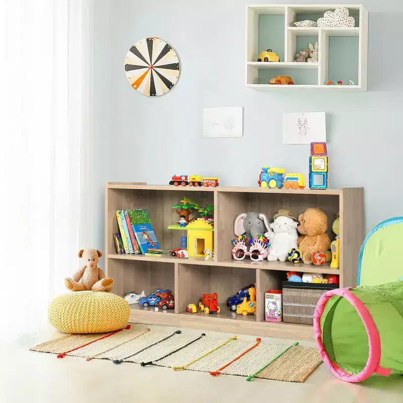 Armadio portaoggetti a 5 cubi per bambini con libreria in legno a 2 ripiani, naturale, organizer per sala giochi