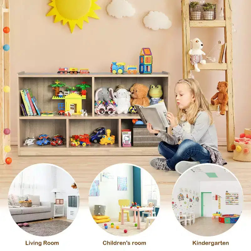 Armadio portaoggetti a 5 cubi per bambini con libreria in legno a 2 ripiani, naturale, organizer per sala giochi