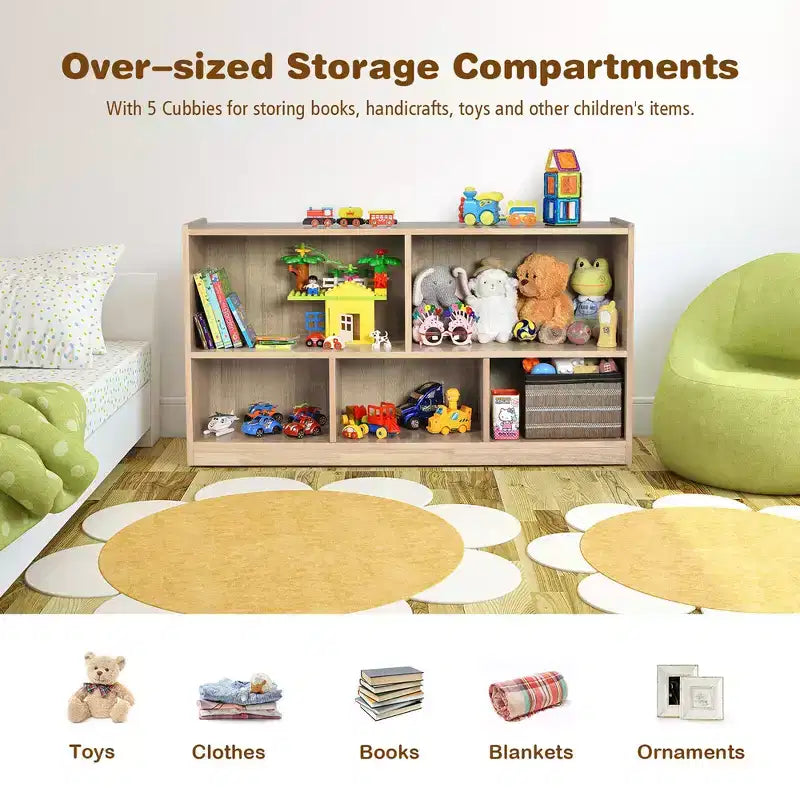 Armadio portaoggetti a 5 cubi per bambini con libreria in legno a 2 ripiani, naturale, organizer per sala giochi