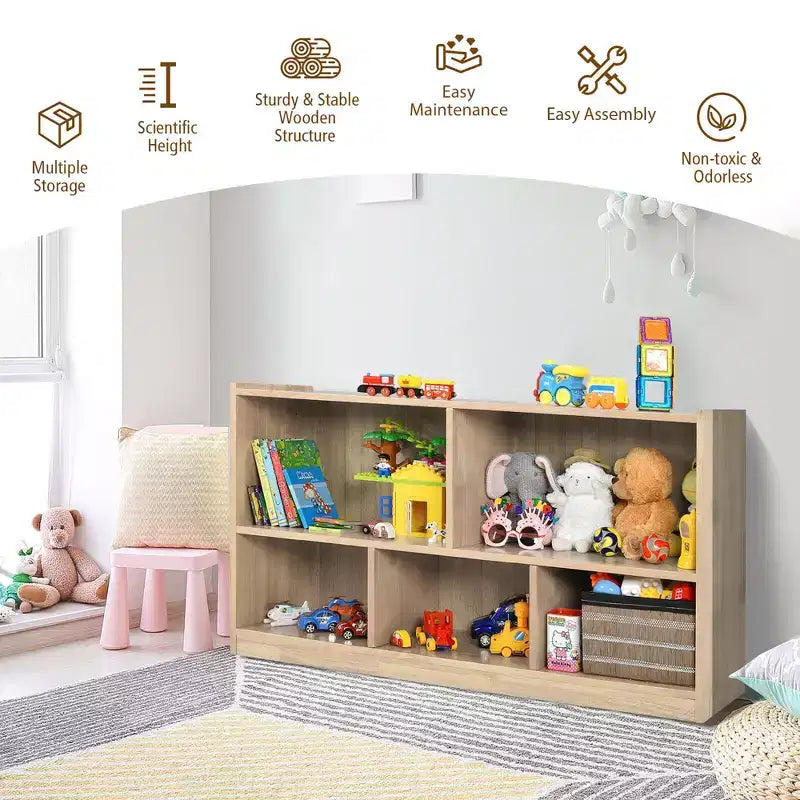 Armadio portaoggetti a 5 cubi per bambini con libreria in legno a 2 ripiani, naturale, organizer per sala giochi