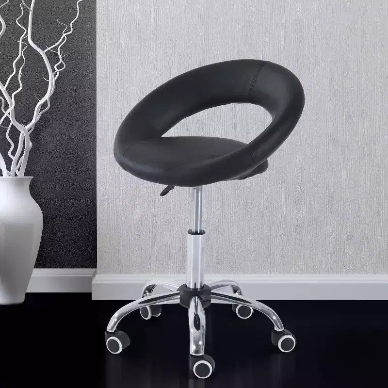 Sgabello da salone con rotelle, altezza regolabile, schienale aperto, cuscino in schiuma e 5 ruote, nero