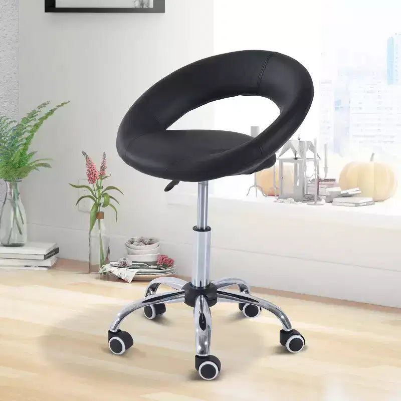 Sgabello da salone con rotelle, altezza regolabile, schienale aperto, cuscino in schiuma e 5 ruote, nero