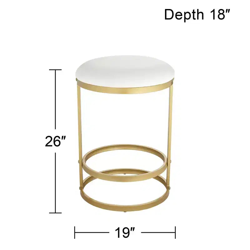 Sgabello da bar in metallo dorato da 26" con cuscino rotondo in tessuto bianco e poggiapiedi, altezza bancone